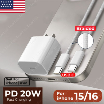 PD 20W Fast Charger Block USB C to Type C Cable For iPhone 15 16 Pro Max Samsung