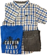 CALVIN KLEIN BOYS 3 PC T-SHIRT, PLAID SHIRT, SHORT SET(GRAY/BLUE/BLACK, 5)NWT