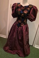 Vintage 80s Donna Morgan Maroon Maxi Dress, Velvet Floral Bodice, Puff Sleeves