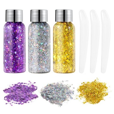 URAQT Body Glitter Gel, 3 Stück Sequins Chunky Glitter Liquid Kit, 50ml