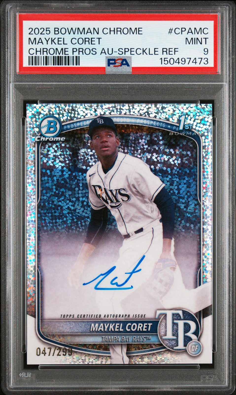 2025 BOWMAN CHROME PROSPECT AUTOS SPECKLE REFRACTOR MAYKEL CORET 47/299 PSA 9