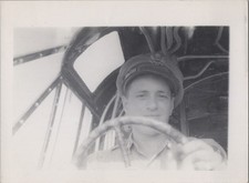 WW2 Photo of US Sailor At Ship Wheel Marked EA Three