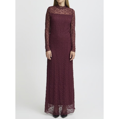 Ichi IHPERLA Burgundy Lace Mock Neck Maxi Dress Long Sleeve S