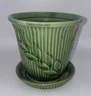 Vintage - Shawnee U.S.A. Green Planter Attached Tray # 465 - Embossed Rib & Leaf