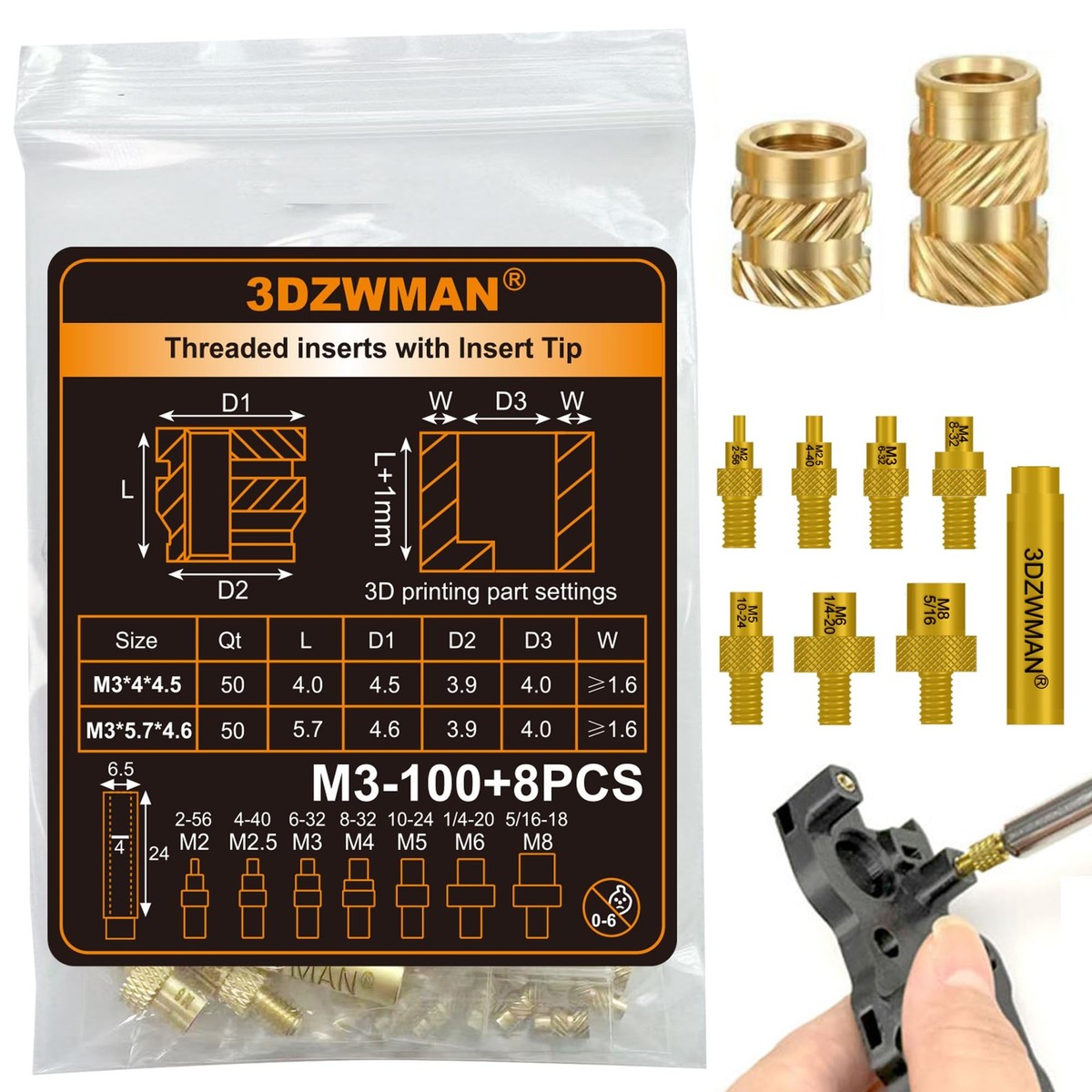 M3 Threaded Inserts with M2M8 Heat Set Insert Tools,Brass Metric 