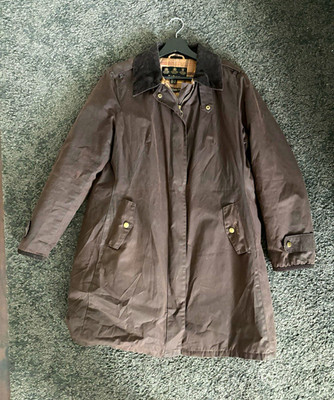 Barbour Malvern Coat Womens US 10 UK 14 Brown Waxed Cotton Long Trench Jacket