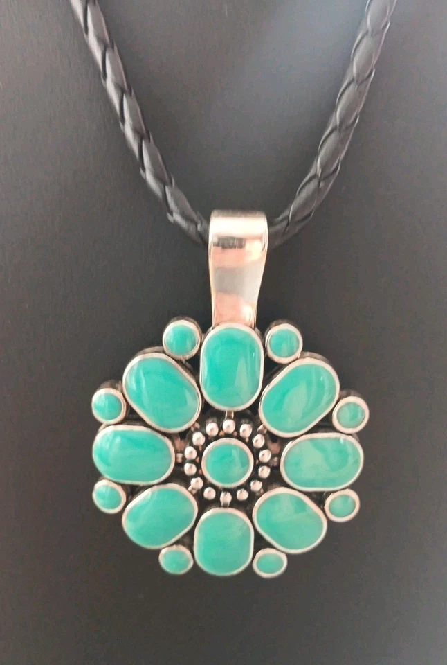 Collar Flor Rojo Azul Teal Colgante Esmalte Reversible Premier Designs 18" Foto 3 de 4