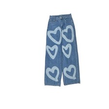 Shein Jeans Women 2 Blue Baggy Hearts Detail Wide Leg Denim High Rise