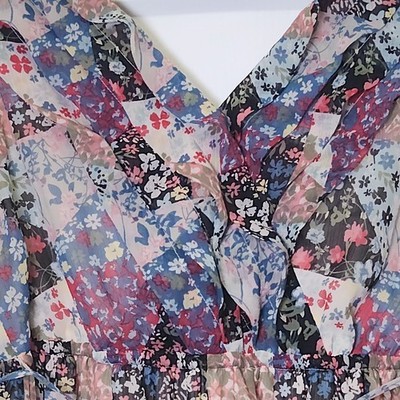 Jessica Simpson Maternity Patchwork Floral Ruffle Midi Dress Blue Pink Medium