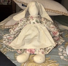 Handmade signed Bunny Floppy Ears Button Eyes Flowered Dress /18 inches 1992
