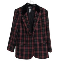 Sag Harbor Plaid Blazer Womens Size 14 Red Wool Blend Velvet Collar Metallic