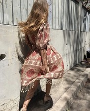 Zimmermann Linen Tulsi Border Day Midi Dress Floral Size 1 AU 10 US 6 Tassel Red