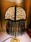 Leopard Print Fringe Table Lamp Beaded Tassels Gold Base Dome Shade Corded — photo 1