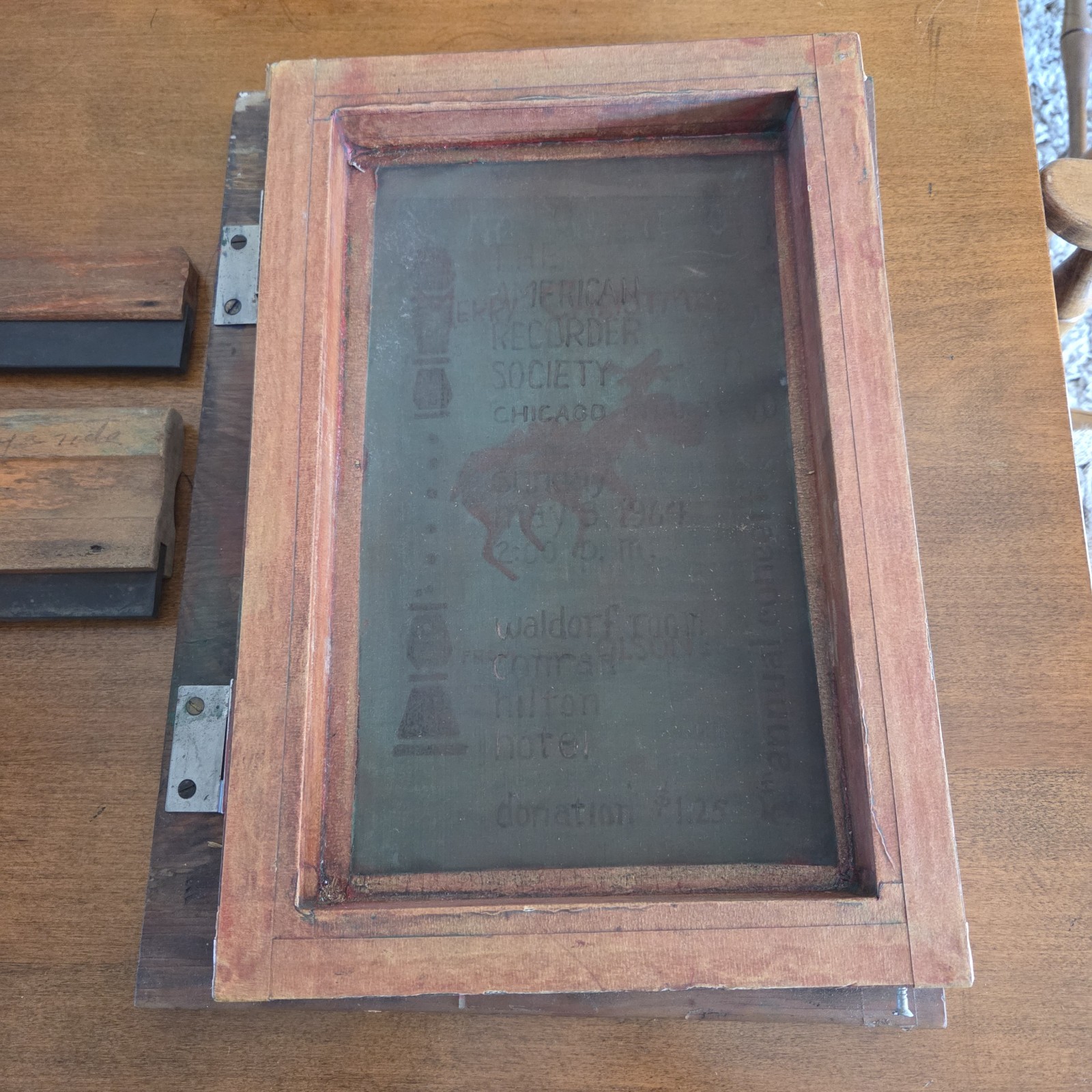 Vtg Silk Screen Wooden Printing Frame Chicago Recorder Society Merry Christmas