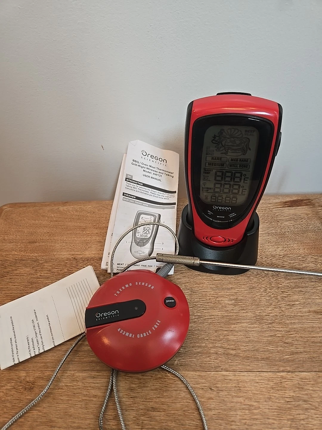 Oregon Scientific AW131 Wireless BBQ Thermometer Set Tested Works Red