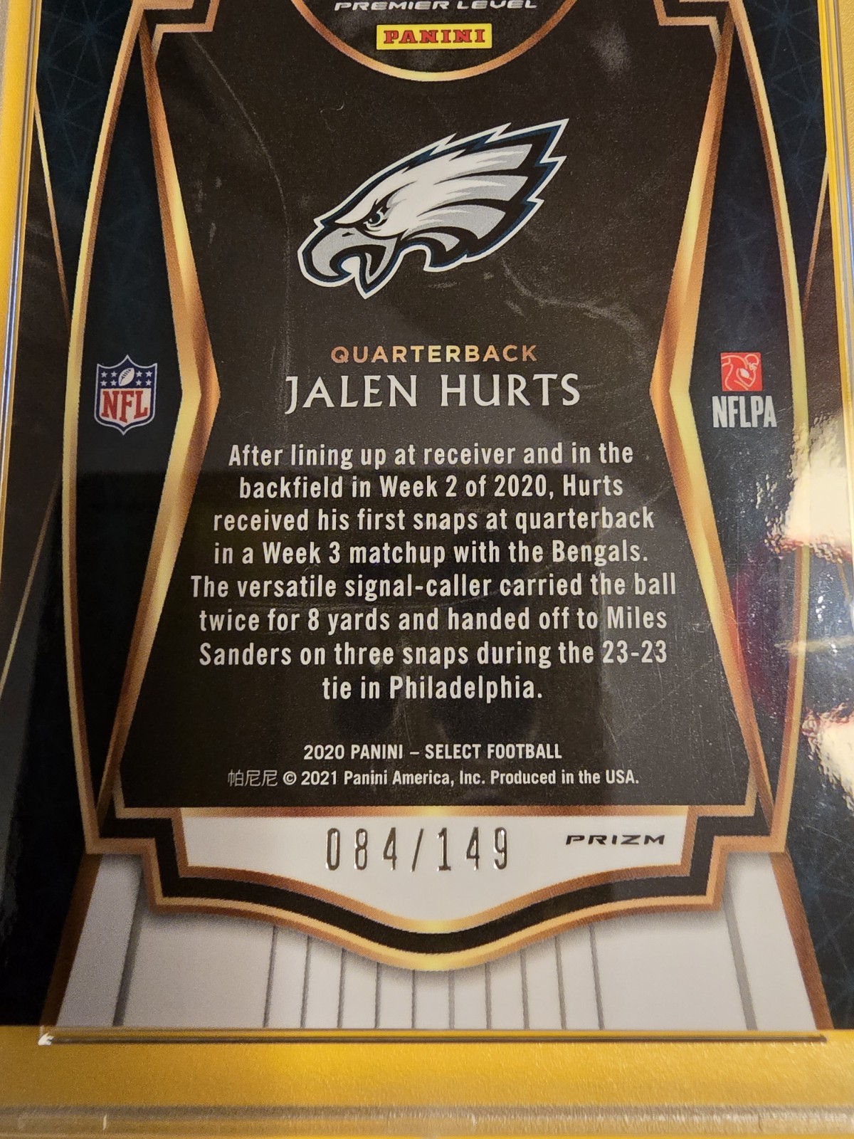 2020 Panini Select - Premier Level Jalen Hurts #150 Blue Prizm /149 (RC) PSA 9 view 3