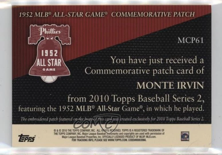 2010 Topps Manufactured Commemorative Patch Monte Irvin #MCP61 Patch HOF - Image 2 of 2