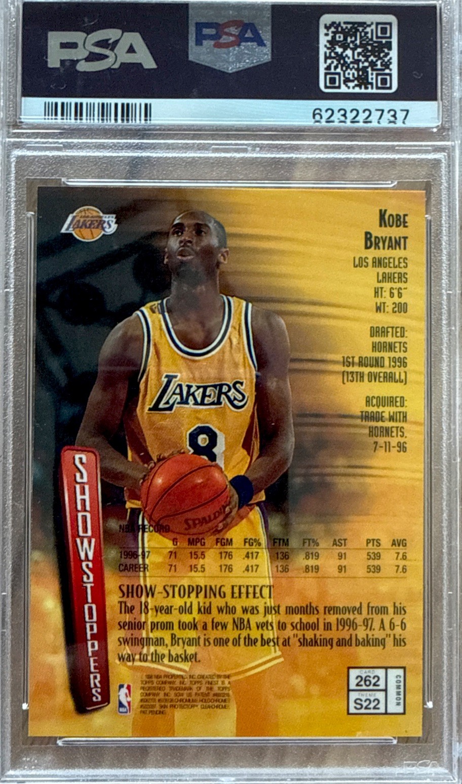 1997 Topps Finest Showstoppers Kobe Bryant #262 PSA 9 w/ Coating Kobe’s 2nd Year view 2