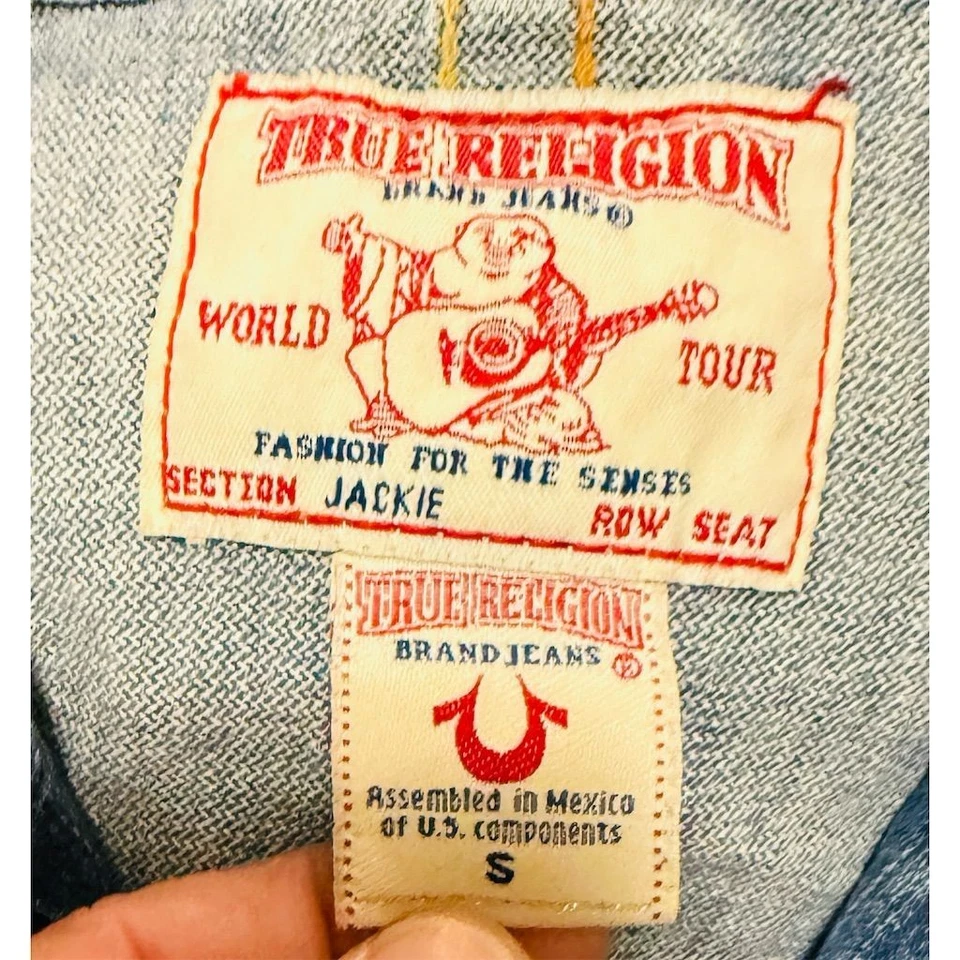 True Religion 女式 Y2K 蓝色牛仔夹克 S 码刺绣 Jackie 90 年代 — 第 2/4 张图片
