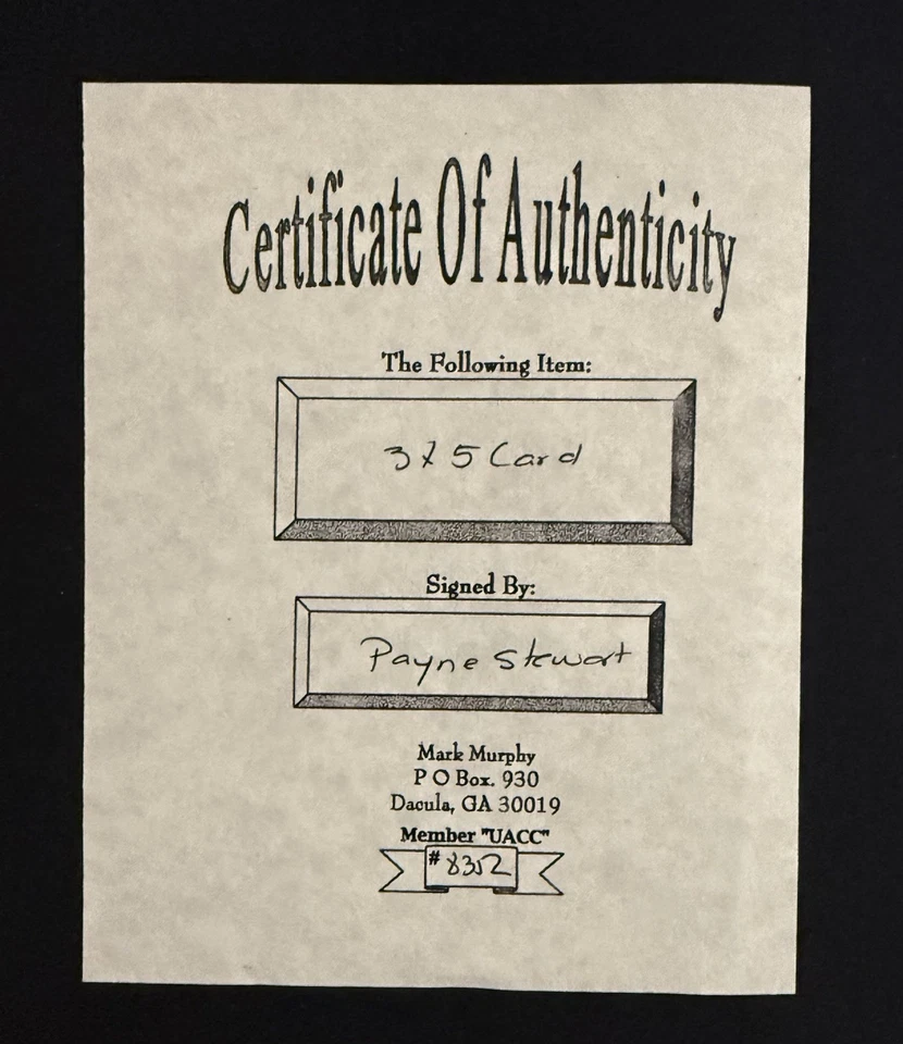 Tarjeta 3x5 autografiada por Payne Stewart—Certificado de autenticidad Foto 3 de 3
