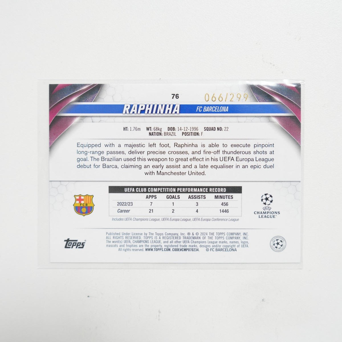 23-24 Topps RAPHINHA ハフィーニャ レリック 299シリ 2023-24 Topps UEFA Club Competitions FC Barcelona Raphinha