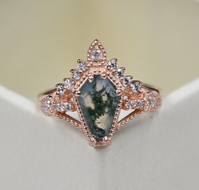 Natural Moss Agate Ring 925 Sterling Silver Coffin Ring