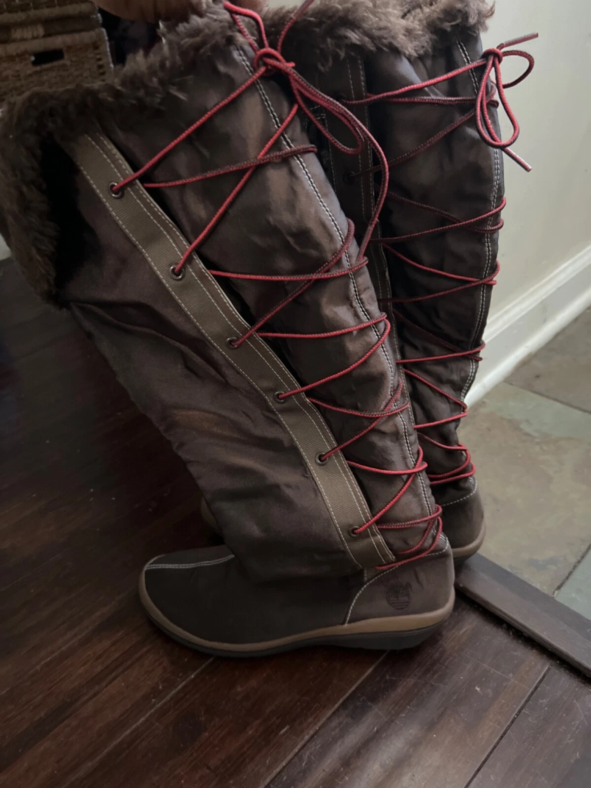 Timberland Knee High Nylon Lace Up Zip Boot Wheatbrown Sz 8