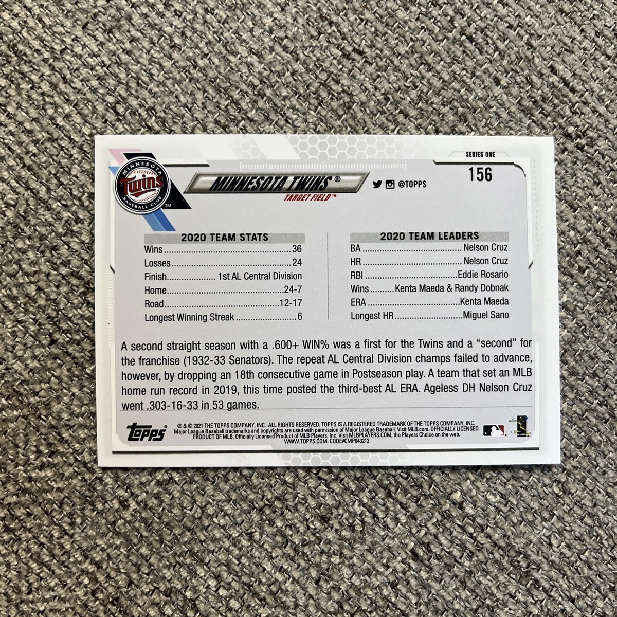2021 Topps Series 1 MINNESOTA TWINS Team Card Rainbow Foil