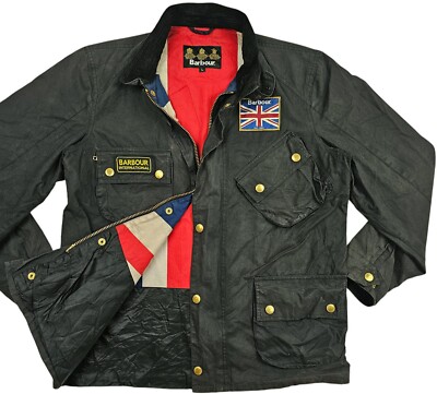 HOT Men BARBOUR UNION JACK PARKA ENGLAND FLAG LINED PATCHED BLACK WAXED Jacket L