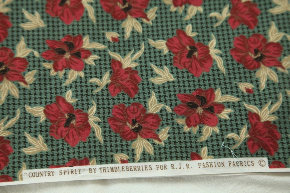 Tela de edredón Scant 2Y Thimbleberries Country Spirit roja floral sobre estampado verde Foto 4 de 4