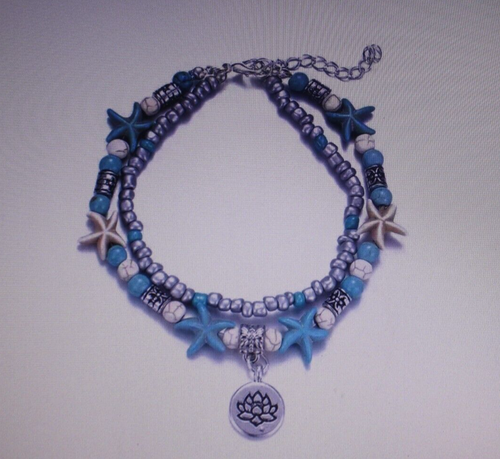 Womens Layered Starfish Lotus Flower Beaded Anklet Green Adjustable Boho New - Picture 5 of 5
