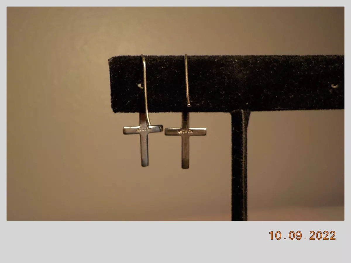 STERLING SILVER N925CN SIGNED CROSS HOOK ON WIRE DANGLE EARRINGS 1 1 8