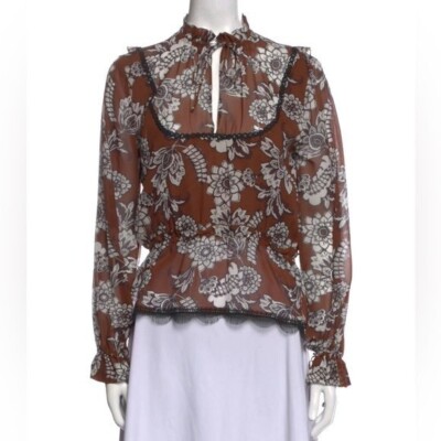 Nicholas Silk Floral Ruffle Long Sleeve Blouse Top Brown Sz 4
