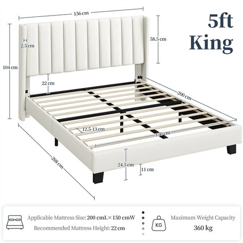 King Upholstered Bed Frame with Wing Side, Bed Frame with Tufted Headboard Beige