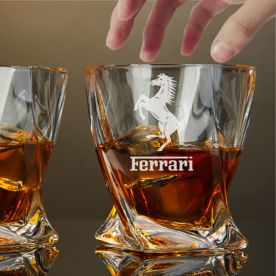 Custom Engraved Ferrari Twisted Whiskey Glass   10 oz Rocks Glass New