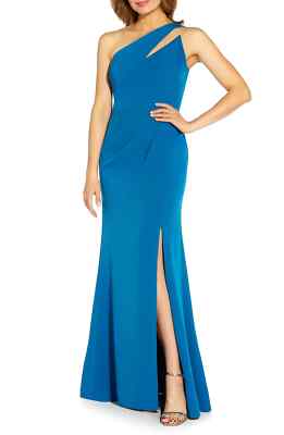 Adrianna Papell L71730 Blue Stretch Pleat Wist Detail One Shoulder Gown Size 6