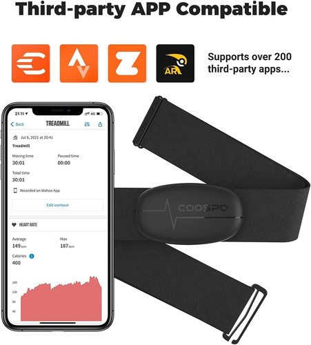 COOSPO Monitor de Ritmo Cardíaco Correa para el Pecho, H6 HRM Bluetooth ANT+ HR Sensor, para Gimnasio - Imagen 7 de 8