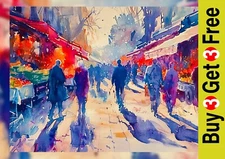 Busy Street Market 5"x7" Print on Matte Paper | Colorful Urban Watercolor Painti