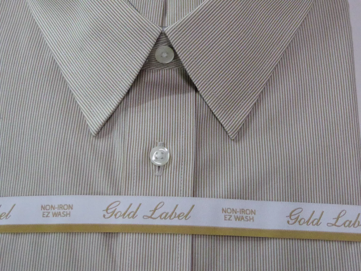 Roundtree Yorke Gold Label Non Iron EZ Wash Striped Dress Shirt Tan White NWT