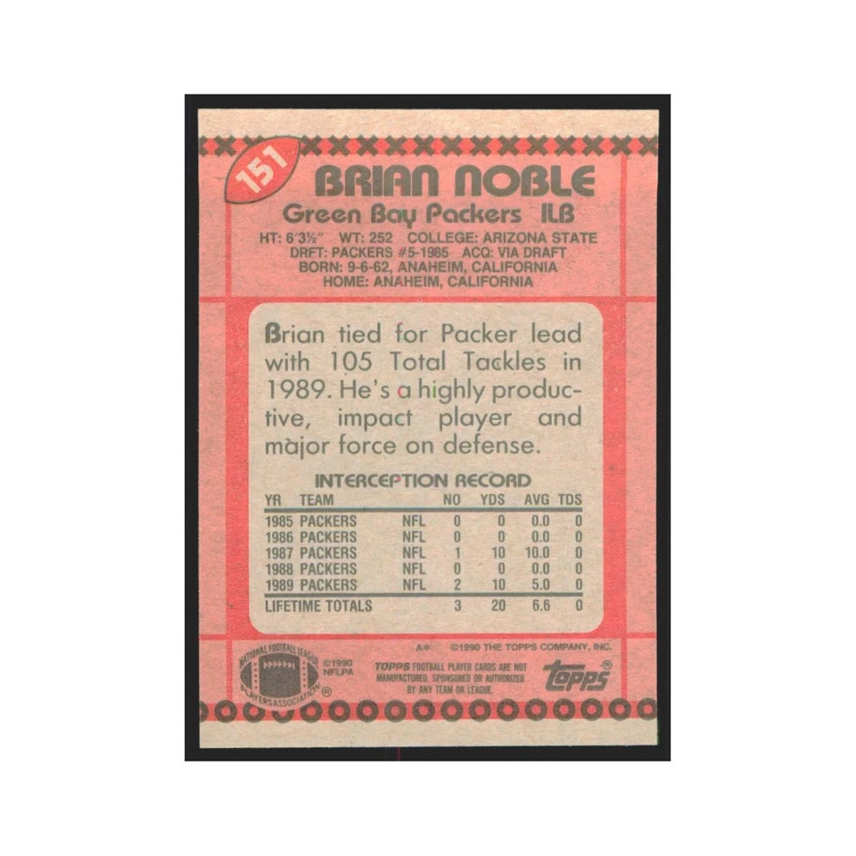 1990 Topps Brian Noble Packers #151 - Image 2 of 3