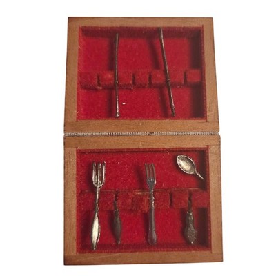 Dollhouse Miniature Silverware Set in Wooden Box Case AS IS Mini