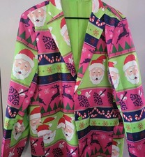 Holiday Time Men's Sz. L Blazer Ugly Christmas Fun Pink Green Santa Reindeer