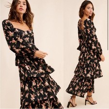 ASTR Long Sleeve Floral Maxi Dress Tiered Sweetheart Neckline Black Size Small