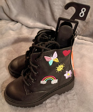 WONDER NATION Girls Combat Boots Toddler Size 8 Black Shoes Embroidered Patches