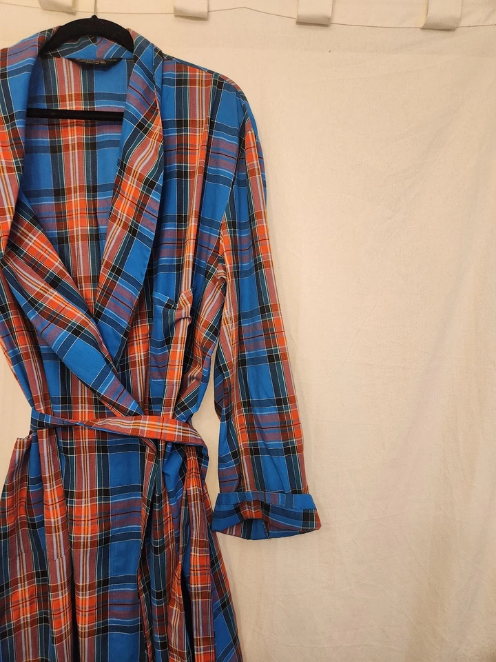 ВИНТАЖНЫЙ Towcraft халат мужской XL синий оранжевый клетку шаль воротник ремень пенни 60-х - Изображение 2 из 4