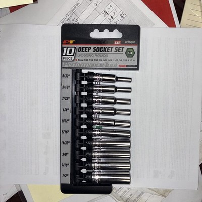 Performance Tool W36300 10 Piece 1/4 Inch Drive 6pt SAE DW Skt Set