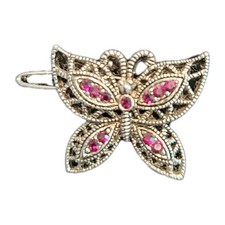 Vintage Butterfly Silvertone Hair Clip Hair Pin Red Rhinestones Barette