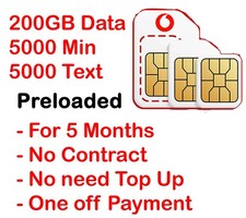 preloaded sim card Vodafone PAYG  , 200gb data. 5000 Min & text , for 5 months