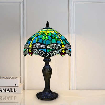 Tischlampe klein Tiffany Stil Buntglas mit antikem Metallfuß UK