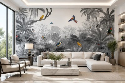 Large Tropical Bird Wallpaper Mural Monochrome Jungle Feature Wall